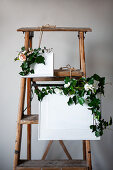 Ivy tendrils, fabric flowers and framed pictures painted over in white arranged on ladder
