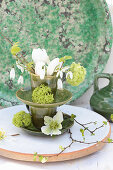 Springlike flower arrangement in green ceramic cups