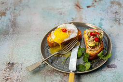 Avocado crostini with Dukkah, chilli and coriander - Crostini with fried duck egg