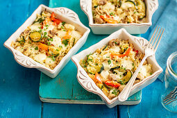 Rice and veggies bake (mushrooms, courgette, pepper) with mozzarella