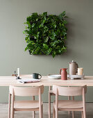 Devil's ivy in square green wall planter above dining table