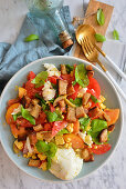 Tomatoe salad with croutons and mozzarella