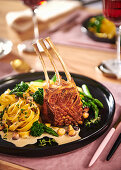 Rack of lamb with green asparagus and tagliatelle