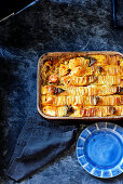 Domino potato, cod, prawn and chorizo pie