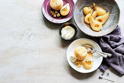 Lavender poached pear with Poire Williams pudding