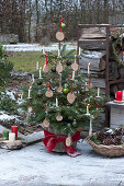 Nordmann fir decorated with wooden discs, Christmas tree balls, fairy lights and candles, basket with cones