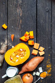 Ingredients for pumpkin and sweet potato soup