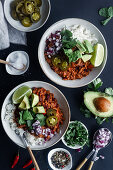 Mexican chili with meat, avocado, lime and white rice
