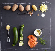 Ingredients for zucchini röstis with smoked salmon