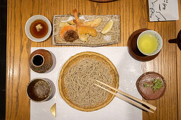 Soba noodles, prawn tempura and tea
