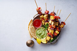 Grilled onion and pepper paneer skewers with, flatbread, chilli and peppermint sauce