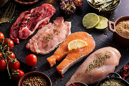 Flat lay of proteins surrounded by spices and seasonings on table