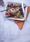 Slow-roasted lamb shoulder with red wine, baby fennel and figs