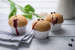 Vegan muffins with sweet cherry jam and chocolate chips
