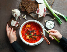 Borsch (Red beetroot soup) with girls hands, russian and ucranian food, green fresh onion and pork belly