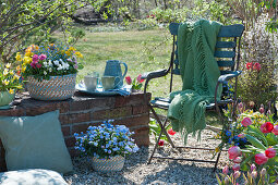 Small gravel terrace in the garden, vessels with horned violets, wild tulips, tulips, grape hyacinths, primroses, ranunculus, forget-me-nots, chair with blanket