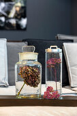Dried hydrangea and yarrow flower heads in glass jars
