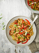 Sticky chicken and pepper noodles