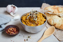 Lentil curry spread with sprouts