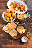 Bean chorizo salad, rice croquettes and tomato gazpacho