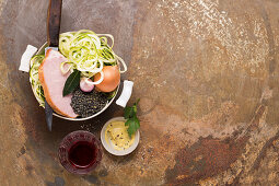Ingredients for smoked pork with puy lentils and zoodles