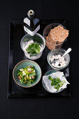 Ingredients for green tomato salad with sorrel and goat’s cheese