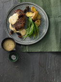 Roast beef with morel hollandaise and roasted potatoes