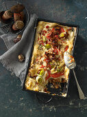 Leek and mushroom lasagna with a crispy crust