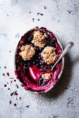 Blueberry cobbler in a baking dish.