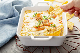 Spicy cheese and shrimp dip with tortilla chips