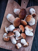 Porcini mushrooms on a wooden chopping board