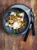 Pickled celeriac with hazelnuts and cress