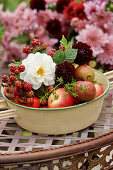 Bowl with apples, dahlias, and unripened blackberries
