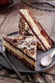 Layered coffee cake with cherries and raisins