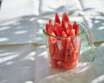 Watermelon pieces in a glass