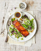 Grilled miso salmon with noodles