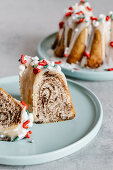 Bundt cake decorated with sugar glaze and Christmas sprinkles