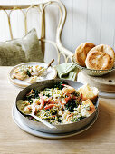 Silverbeet and prawns with fried dough