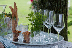 Bread sticks, vegetable chips, bouquet of fresh mint and glasses on tray