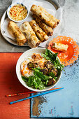 Veggie bun cha and baked spring rolls (Vietnam)