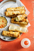 Baked spring rolls with tofu, stick rice, onions and mushrooms (Asia)