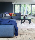 Gray upholstered suite and coffee table in the lounge area