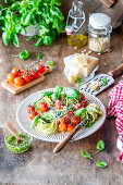 Spaghetti with Pesto Genovese and cherry tomatoes