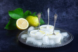 Homemade lemon sorbet on a silver platter
