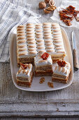 Walnut slices with caramel and cream