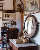 1830’s French Empire table with antique mirror and lamp on writing desk