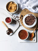 Peanut butter, tomato paste, coffee beans, Marmite and apricot jam