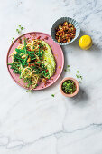 Spaghetti primavera with chorizo breadcrumbs