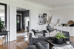 Grey sofa with cushions, white chest of drawers in the background in the living room