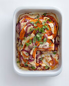 Sweet potato gratin with red onions and Provolone cheese